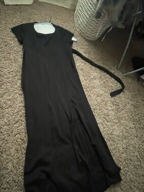 Girls' Black Short-Sleeve Choir Concert Dress- floor length- tie waist